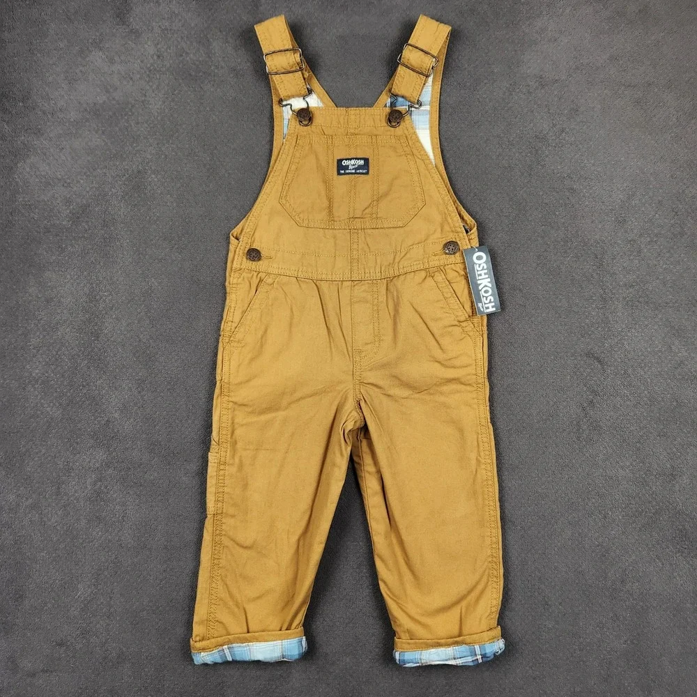 OshKosh B'gosh Overalls Boys 3T Tan Lightweight Flannel Lined Carpenter NEW